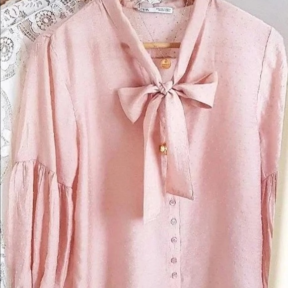 NWT Zara Pink Polka Dot Tie Neck Blouse - Picture 5 of 5